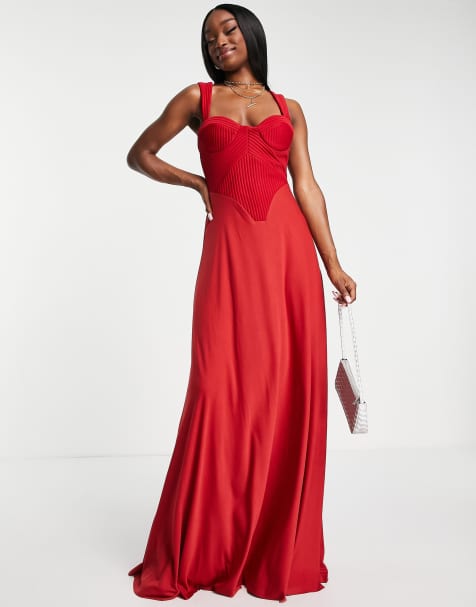 ASOS DESIGN pintuck corset sweetheart maxi dress in red - view 1