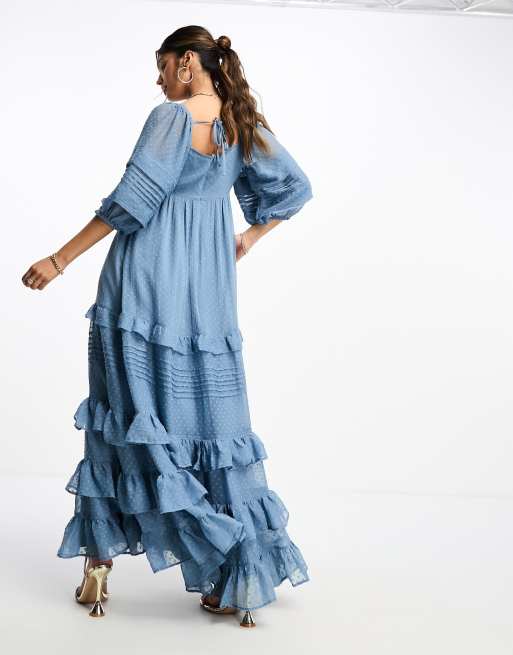 Moonlit Moment Ruffle Trim Piping Detail Lace-Up Back Dress Blue