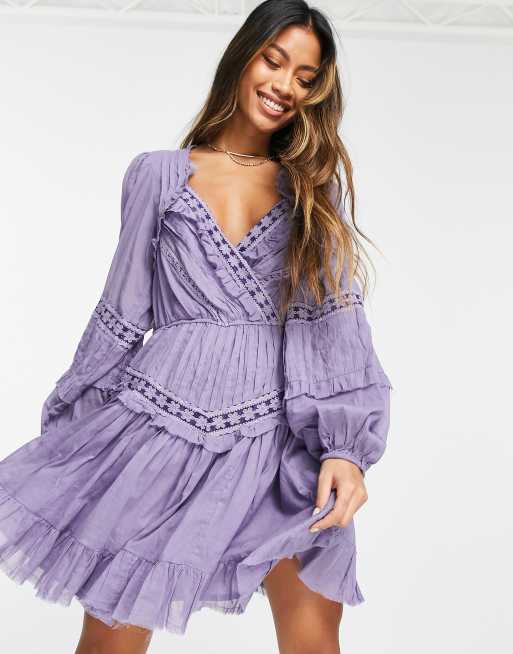 Free People Lavender Crochet Lace Ruffled Mini Dress with Tie Details