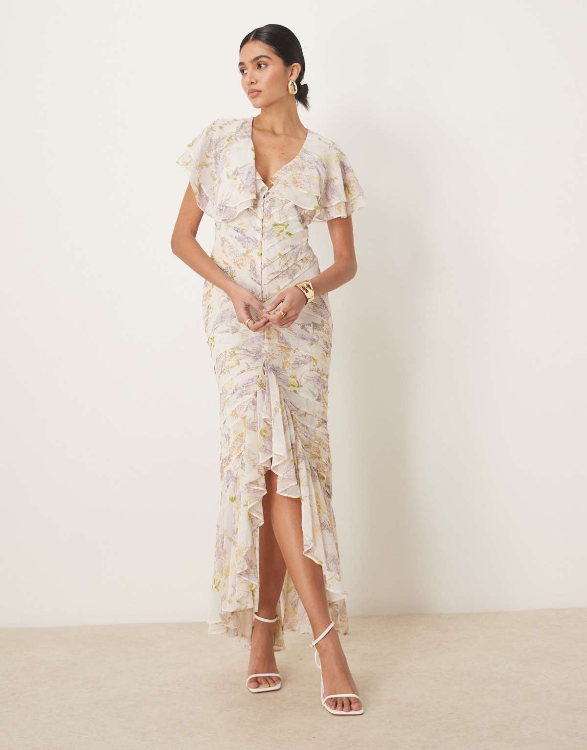 ASOS DESIGN pintuck maxi dress with cape flutter sleeve in wisteria floral print