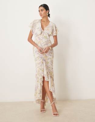 Asos Design Pintuck Maxi Dress With Cape Flutter Sleeves