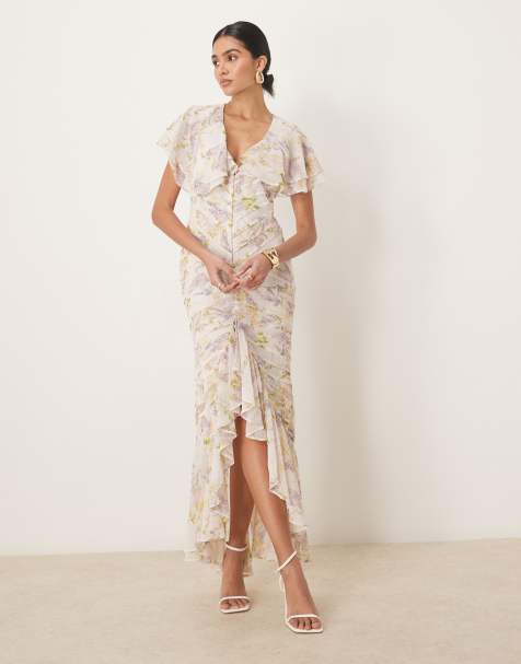 ASOS DESIGN pintuck maxi dress with cape flutter sleeves in wisteria floral print - view 1