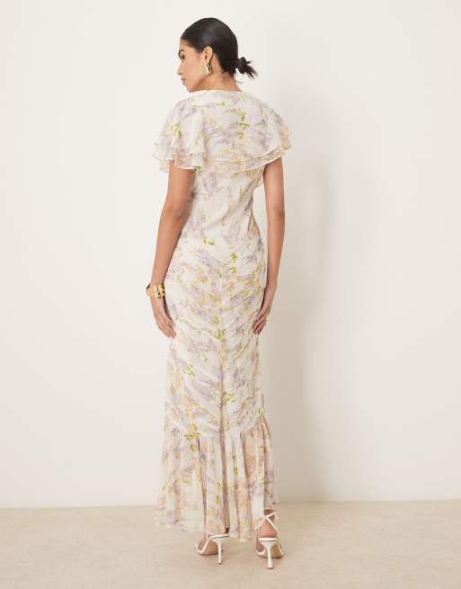 ASOS DESIGN pintuck maxi dress with cape flutter sleeve in wisteria floral print