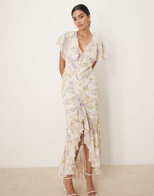 ASOS DESIGN pintuck maxi dress with cape flutter sleeve in wisteria floral print