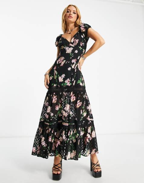 ASOS DESIGN pintuck maxi dress with lace inserts in black floral print - view 1