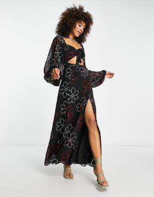 ASOS DESIGN pintuck maxi dress with lace inserts in floral embroidery-Multi