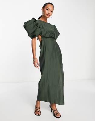 Asos Design Pintuck Midi Dress With Puff Sleeve & Cut-out Waist Detail In Dark Green