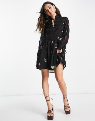 Asos Design Pintuck Mini Smock Dress With All Over Embroidery In Black ...