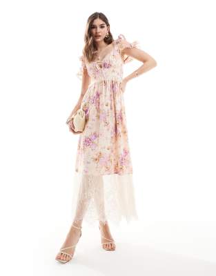ASOS DESIGN pintuck slip midi dress with lace in vintage floral print