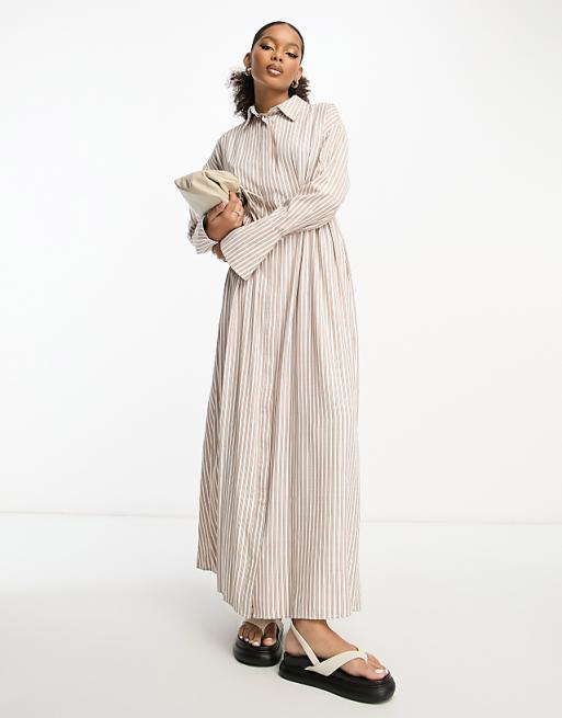 knee length dresses for ladies Short Sleeve Stripe Tie Front Maxi Shirt Dress | Shirt Dress