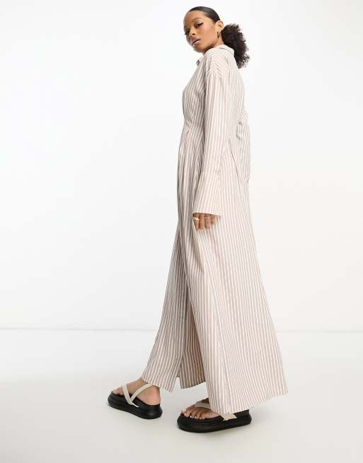 ASOS DESIGN pintuck waist maxi shirt dress in brown stripe