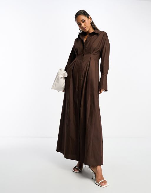 ASOS DESIGN pintuck waist maxi shirt dress in chocolate