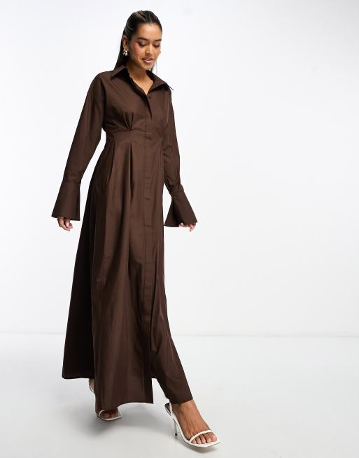 ASOS DESIGN pintuck waist maxi shirt dress in chocolate