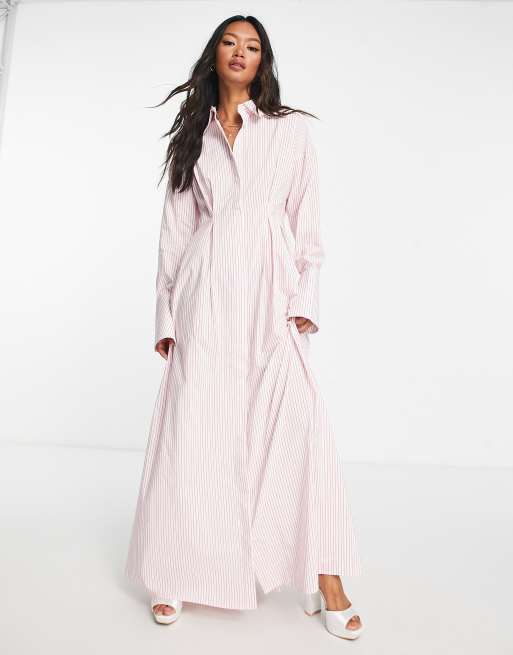 Asos Design Pintuck Waist Maxi Shirt Dress In Red Stripe Asos 2043