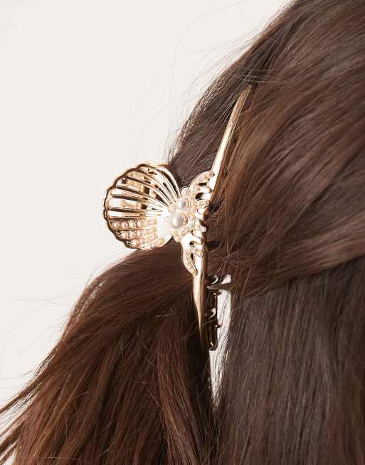 ASOS DESIGN - Pinza per capelli XL in metallo a conchiglia color oro con perla, 3 di 3