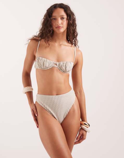 ASOS DESIGN – Piper Azores – Bikinihose aus Papertouch-Material mit hohem Bund, hohem Beinausschnitt und Karomuster - view 1