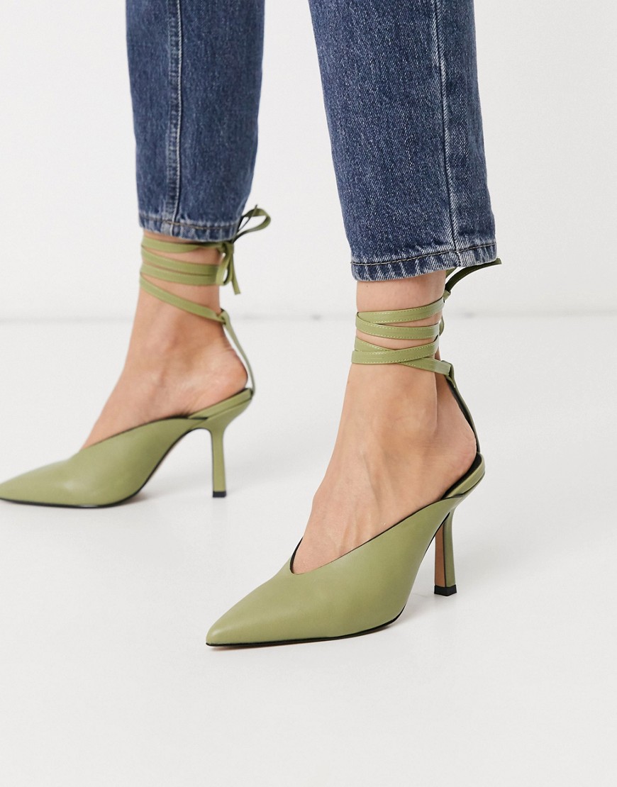 ASOS DESIGN – Piper – Olivgröna skor med halvhög klack och knytning runt benet