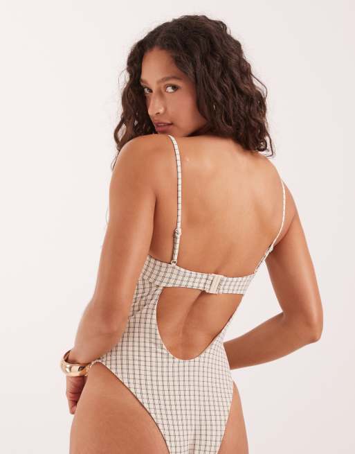 ASOS DESIGN Piper paper touch check ruched balcony swimsuit in checked print, 3 of 4
