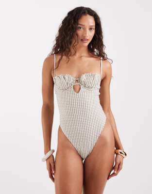 Asos Design Piper Paper Touch Plaid Ruched Balconette Swimsuit In Neutral