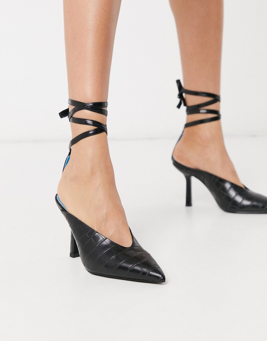 ASOS DESIGN Piper tie leg mid heels in black croc