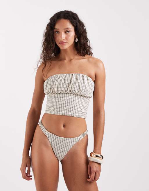 ASOS DESIGN – Piper – Trägerloses Tankini-Oberteil aus Papertouch-Material mit geraffter Vorderseite und Karomuster, 2 von 4