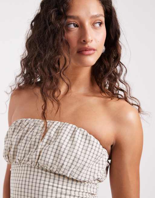ASOS DESIGN – Piper – Trägerloses Tankini-Oberteil aus Papertouch-Material mit geraffter Vorderseite und Karomuster, 3 von 4