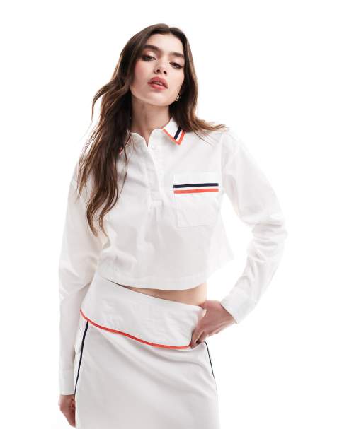 ASOS DESIGN piping detail long sleeve cropped shirt in white (part of a set) - view 1