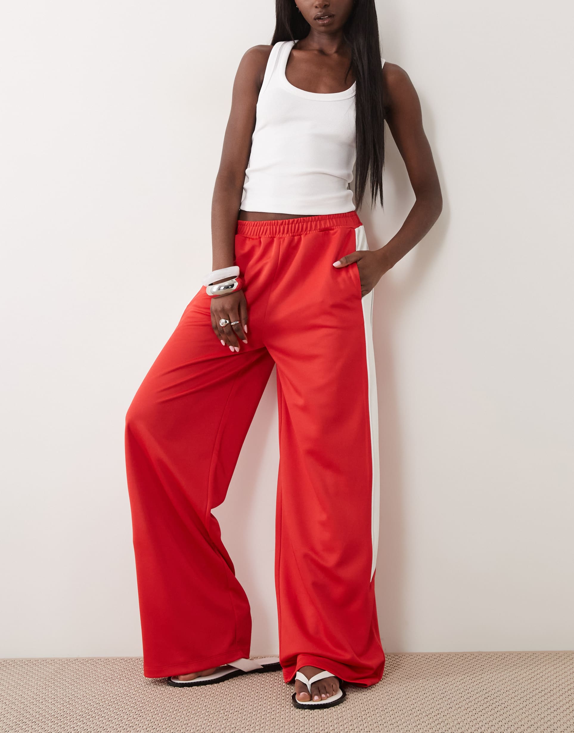 asos design piping detail wide leg tricot pants in red