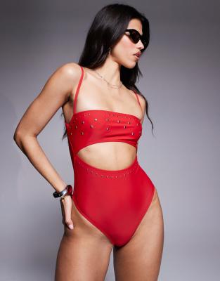 Asos Design Pippa Cut Out Swimsuit With Stud Detailing In Red