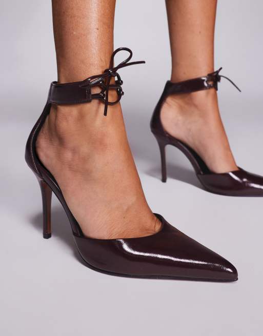 ASOS DESIGN Pippi lace up detailing high heeled pumps in burgundy, 3 of 4