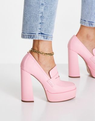 ASOS DESIGN Pippin platform heeled loafers in pink | ASOS