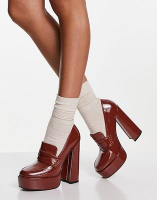 ASOS DESIGN Pippin platform heeled loafers in tan | ASOS