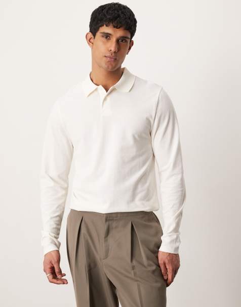 ASOS DESIGN - Piqué polo met lange mouwen in crème - view 1