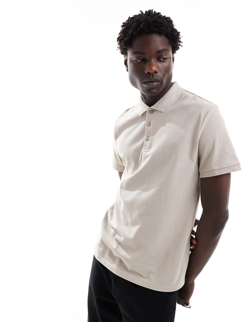 Asos Design Pique Polo Shirt In Stone-neutral