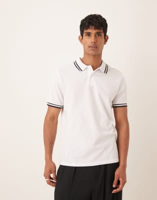 pique polo shirt with black tipping in white