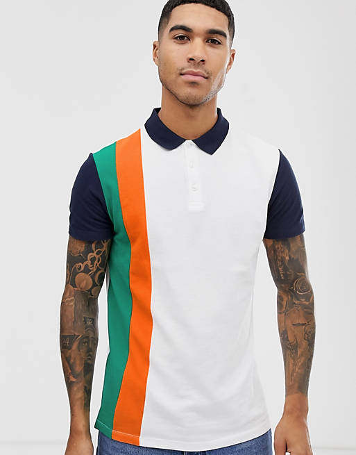 ASOS DESIGN pique polo shirt with vertical color block in white | ASOS
