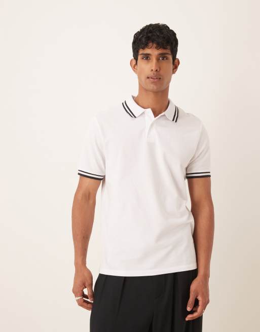 ASOS DESIGN pique polo with black tipping in white