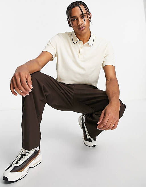 Polo shirts pique polo with contrast tipping detail in khaki with black tipping detail 