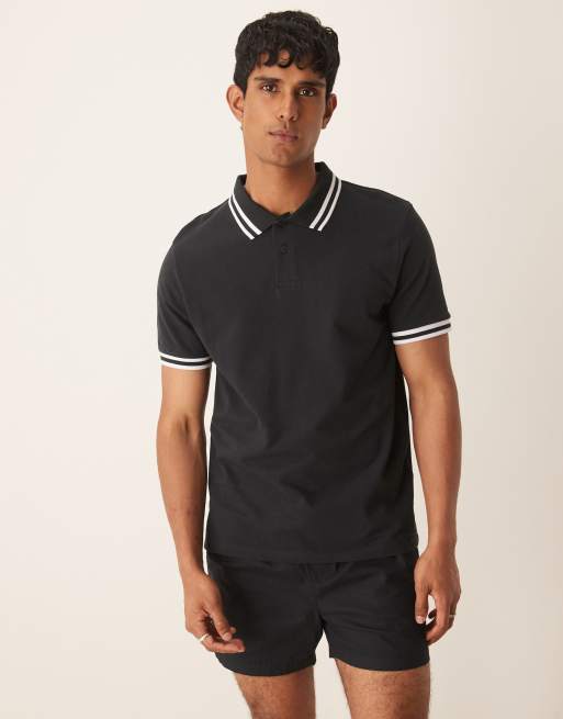 ASOS DESIGN pique Polo with white tipping in black