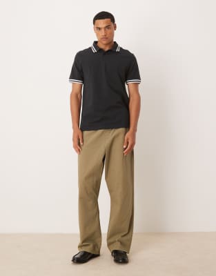 Asos Design Pique Polo With White Tipping In Black