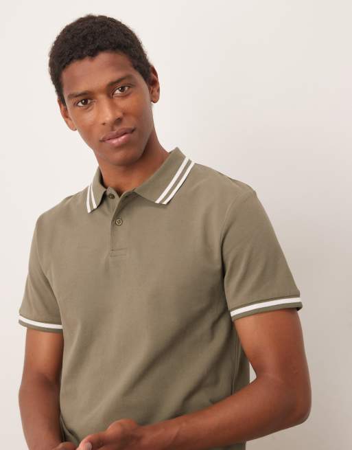 ASOS DESIGN pique polo with white tipping in khaki