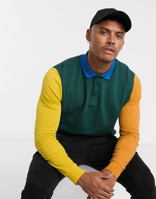 ASOS DESIGN - pique poloskjorte med lange ærmer i kontrastfarve-Grøn