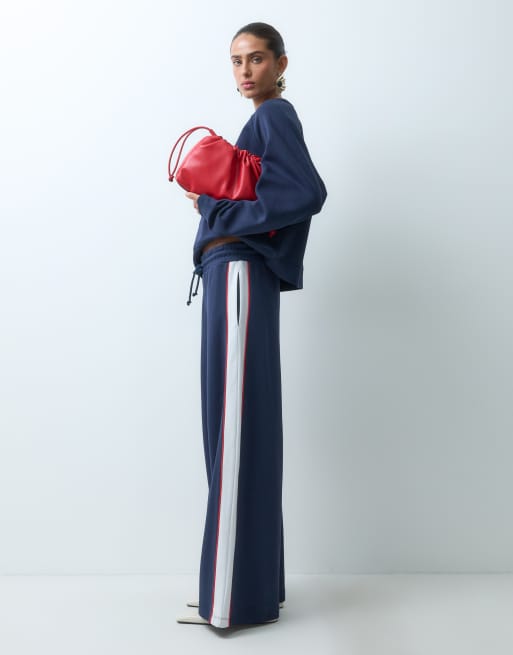 ASOS DESIGN pique sporty panel joggers in blue and cream, 3 of 5