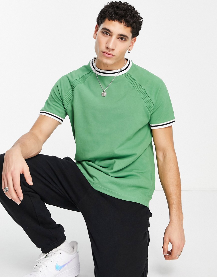 ASOS DESIGN pique t-shirt in green with white contrast trim