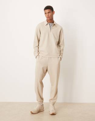 Asos Design Pique Tapered Sweatpants Set With Pin Tuck In Neutral