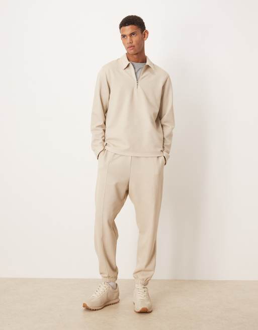 ASOS DESIGN pique tapered trackies set with pin tuck in beige, 2 of 5