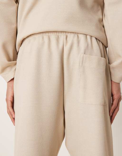 ASOS DESIGN pique tapered trackies set with pin tuck in beige, 4 of 5