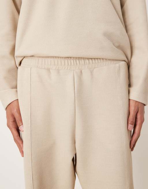 ASOS DESIGN pique tapered trackies set with pin tuck in beige, 5 of 5