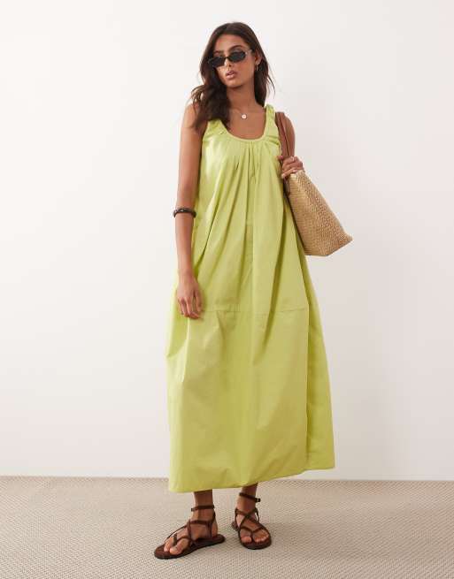 ASOS DESIGN – Pistagegrön maxiklänning i poplin med djup ringning och rysch 