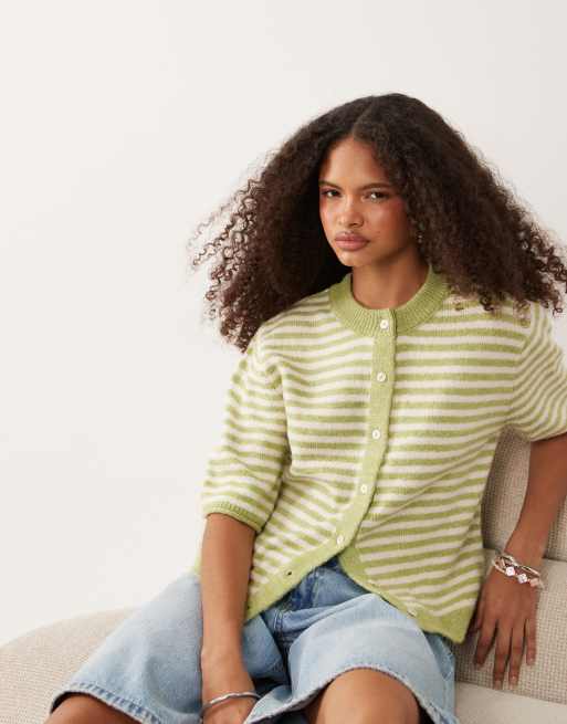 ASOS DESIGN – Pistagegrön och vitrandig, lätt kofta med korta ärmar och avslappnad passform